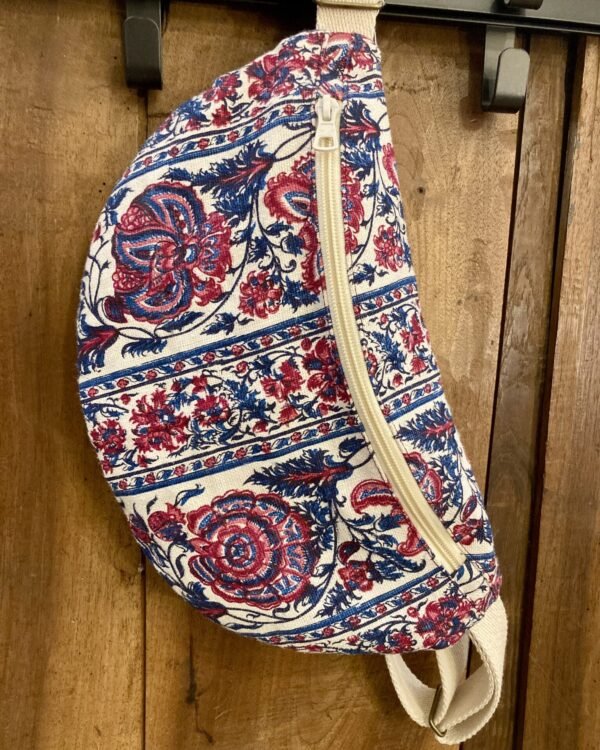 sac banane canvas floral bleu et bordeaux